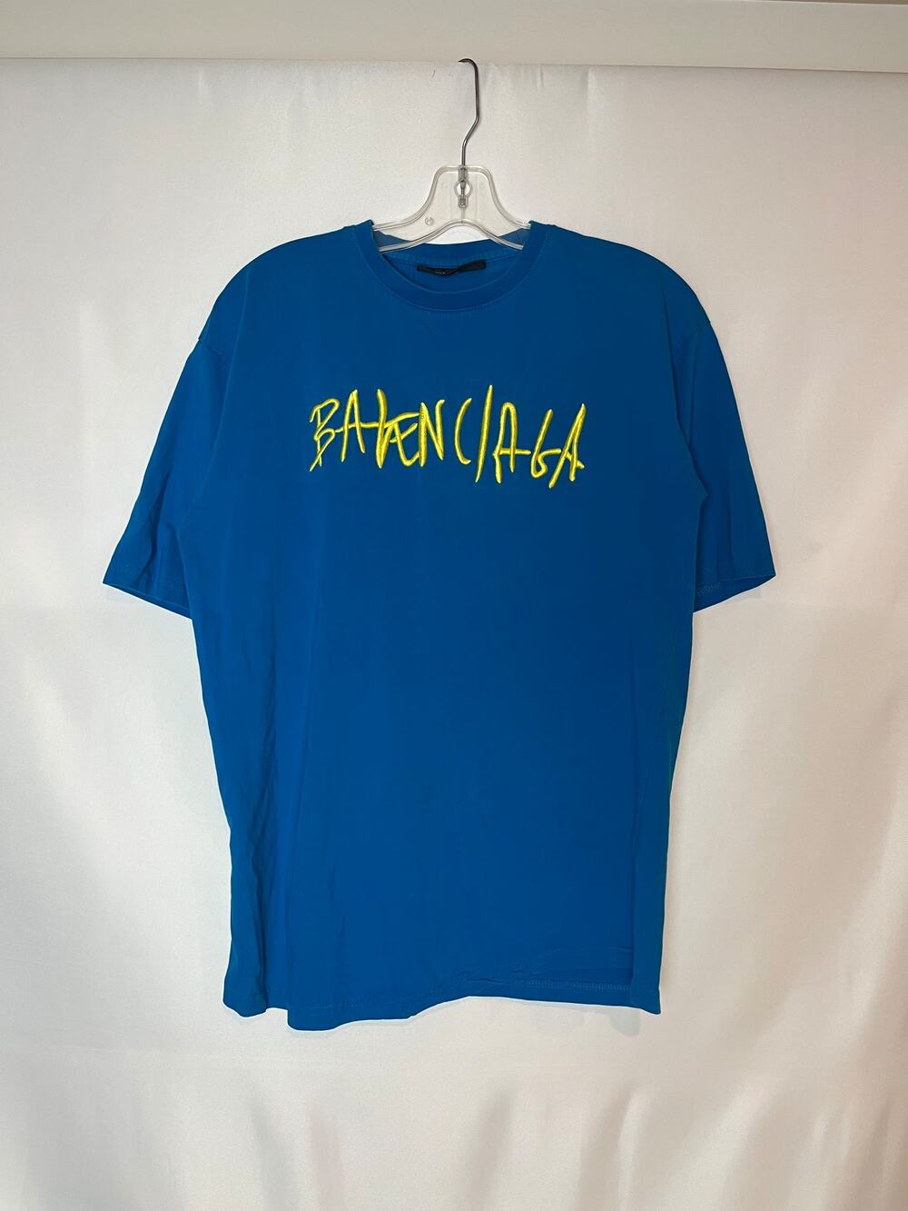 Balenciaga 2019 Embroidered Logo Tee — Blue/Yellow — XL